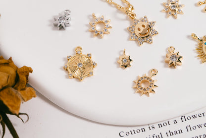 10pcs CZ Pave Gold/ Silver Sun Charm , 18K Gold/ Rhodium plated Brass, Sun Pendants (GB-1658)