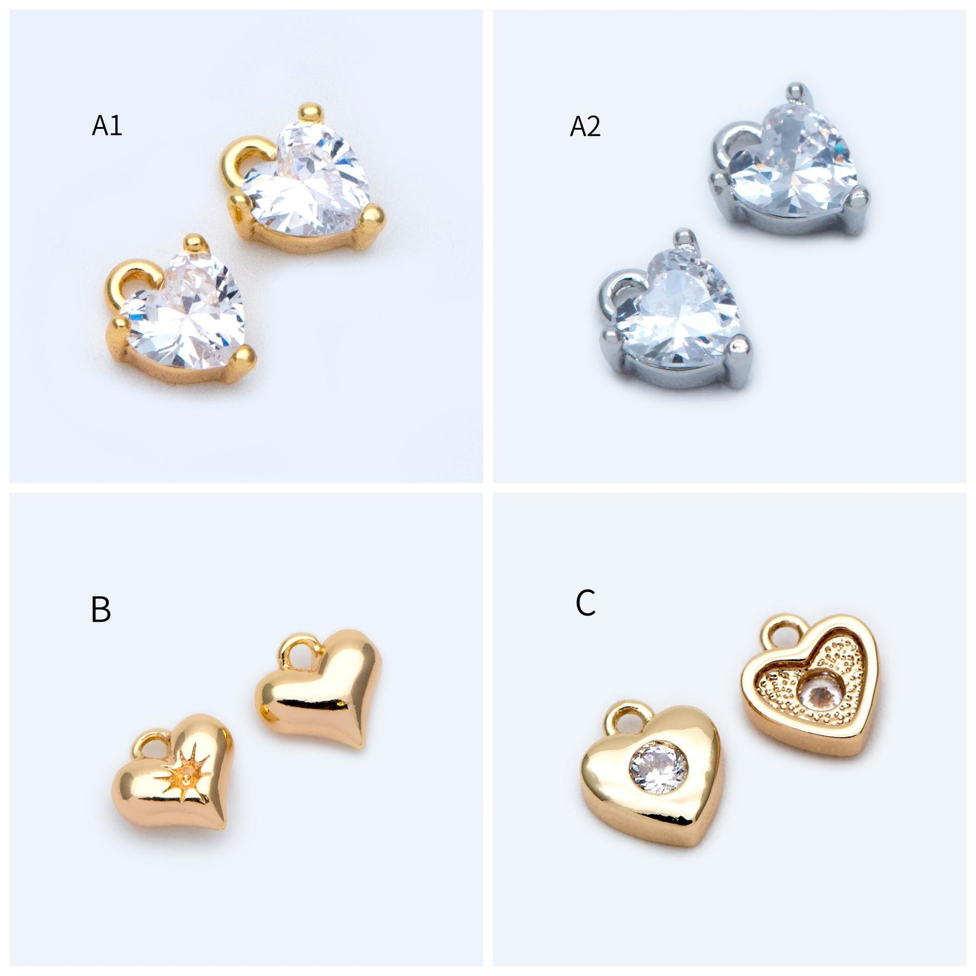 4pcs Gold/ Silver Tone Heart Charms, 18K Gold/ Rhodium plated Brass, Dainty Heart Pendants (GB-2782)