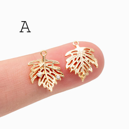 10pcs Gold Leaf Charm Connectors , Real Gold plated Brass, Leaf Pendant with Two Loops (GB-4391)