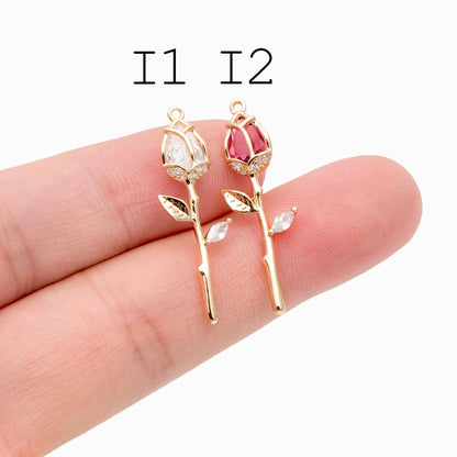 4pcs CZ Pave Flower Charms, 18K Real Gold/ Rhodium plated Brass, Flower Earring Pendants (GB-3579)