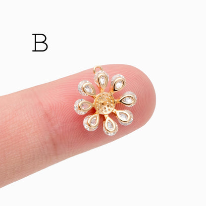 4pcs CZ Pave Gold/ Silver tone Flower Charm Pendants , Real Gold/ Rhodium plated Brass Earring charms, Color Not Easily Tarnish (GB-321)