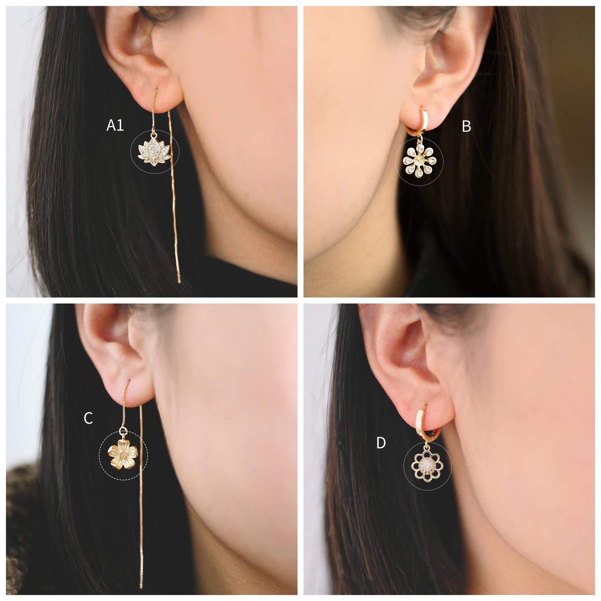 4pcs CZ Pave Gold/ Silver tone Flower Charm Pendants , Real Gold/ Rhodium plated Brass Earring charms, Color Not Easily Tarnish (GB-321)