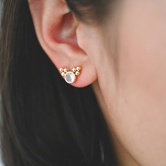 10pcs CZ Pave Round Trinity Ear Posts 12x8.5mm, Gold Plated Brass Dainty Stud Earrings (GB-3642)