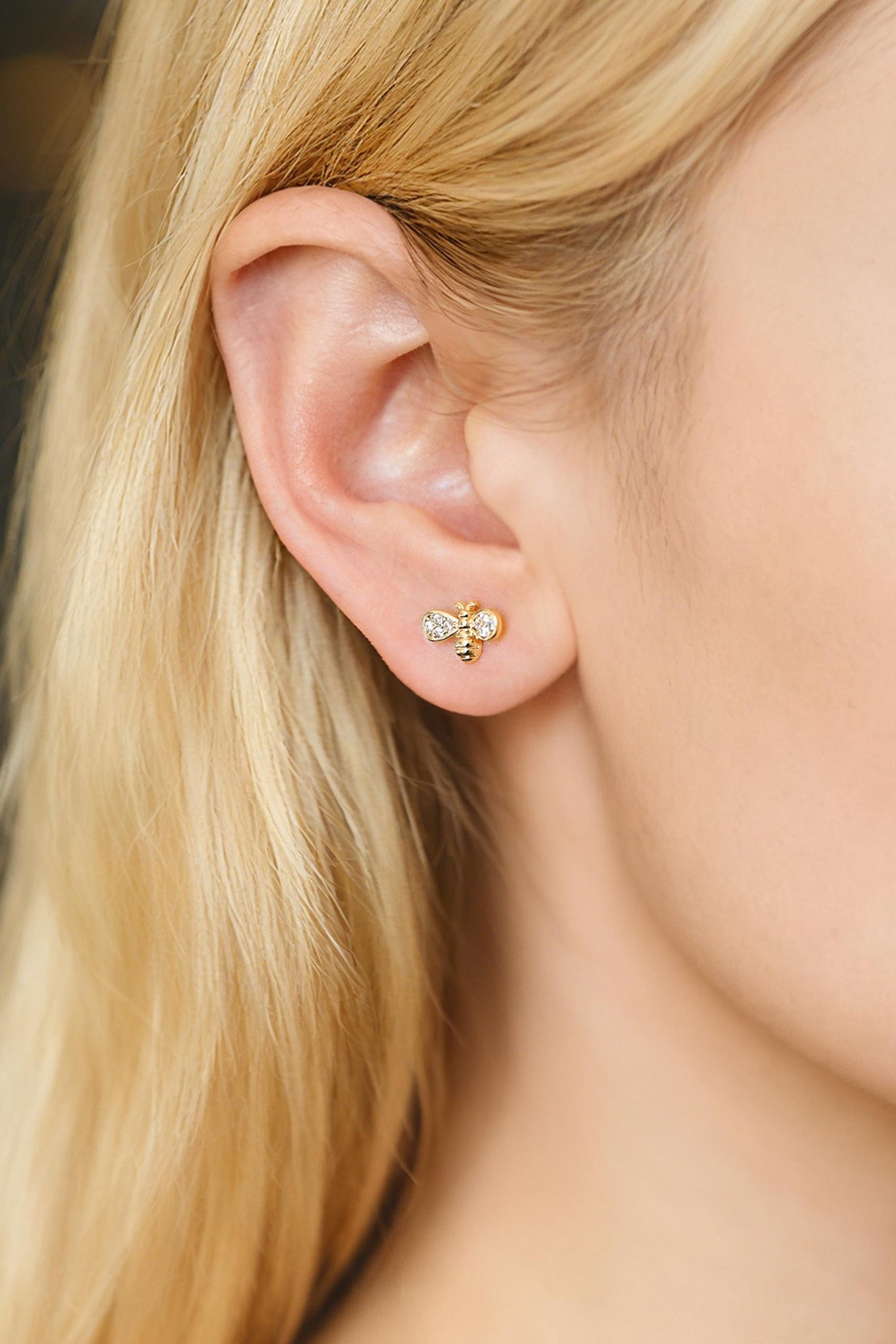 10pcs CZ pave Gold Bee Earrings 7x10mm, Real Gold Plated Brass Stud Earrings (GB-3994)