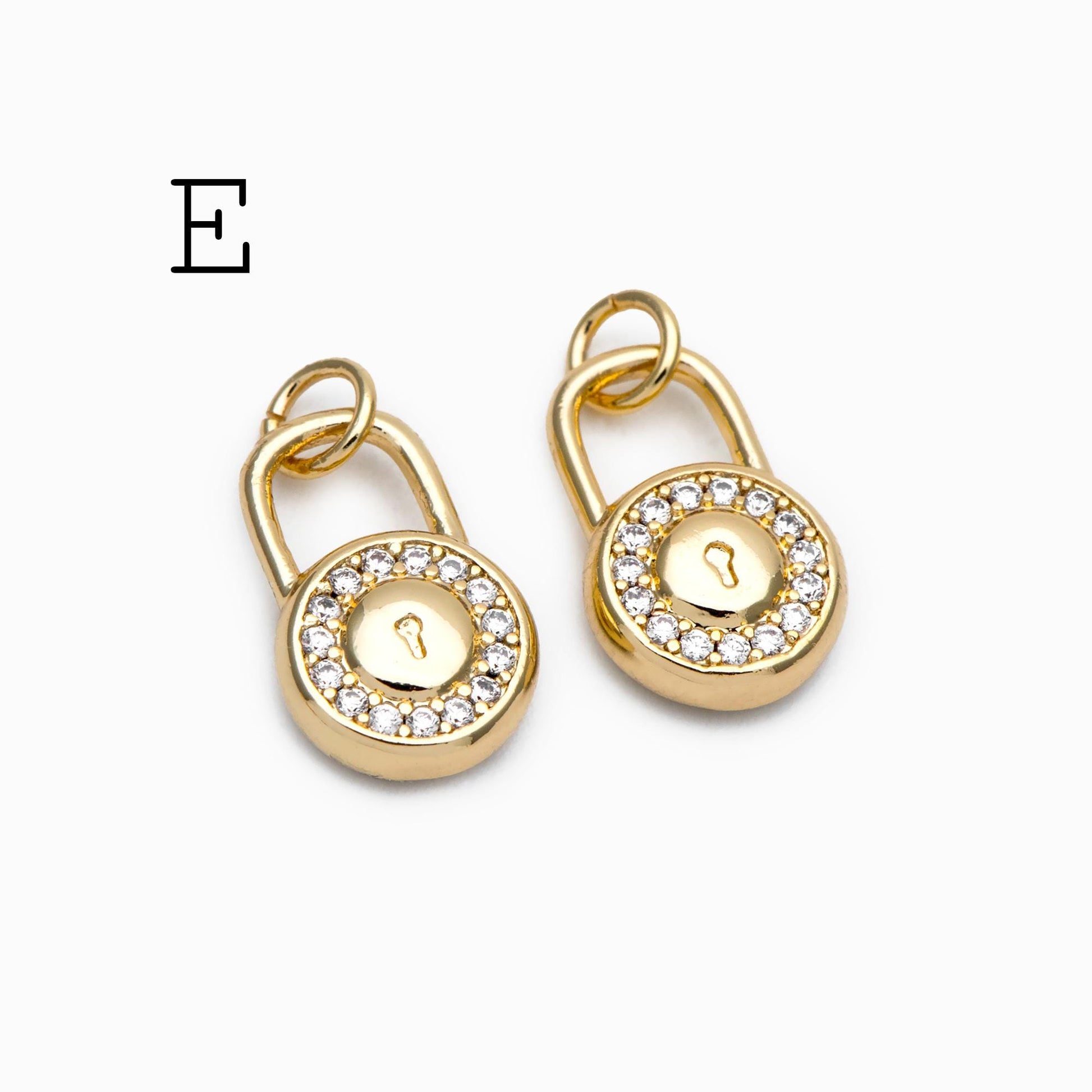 4pcs CZ Pave Gold/ Silver Tone Lock Charms, Real Gold/ Rhodium plated Brass, Mini Lock Pendants (GB-751)
