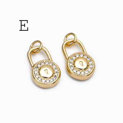 4pcs CZ Pave Gold/ Silver Tone Lock Charms, Real Gold/ Rhodium plated Brass, Mini Lock Pendants (GB-751)