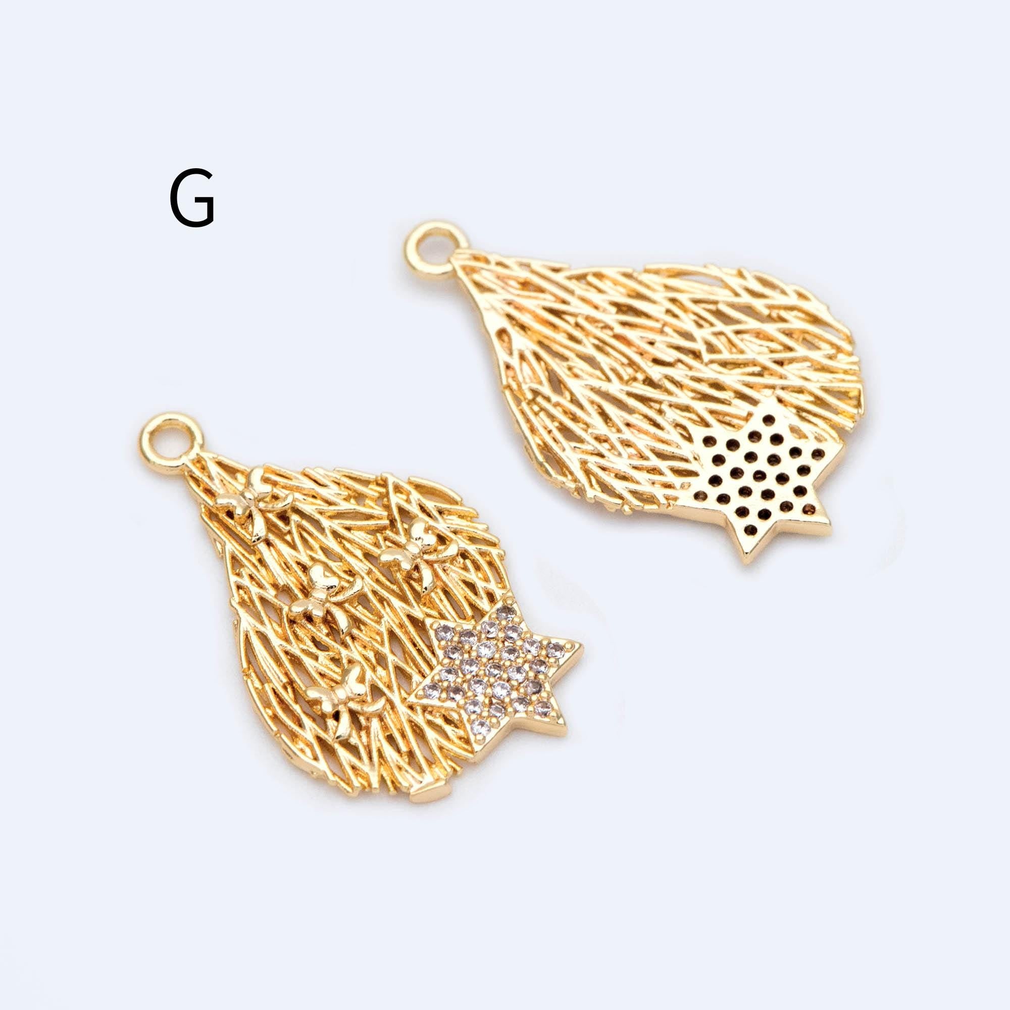 4pcs CZ Pave Gold Filigree Charms, Gold plated Brass, Earring Necklace Pendants (GB-1117)