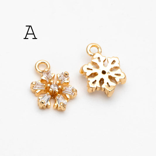 4pcs CZ Pave Snowflake Charms, Rhinestone Flower Connectors, Real Gold plated Brass Findings (GB-3486)