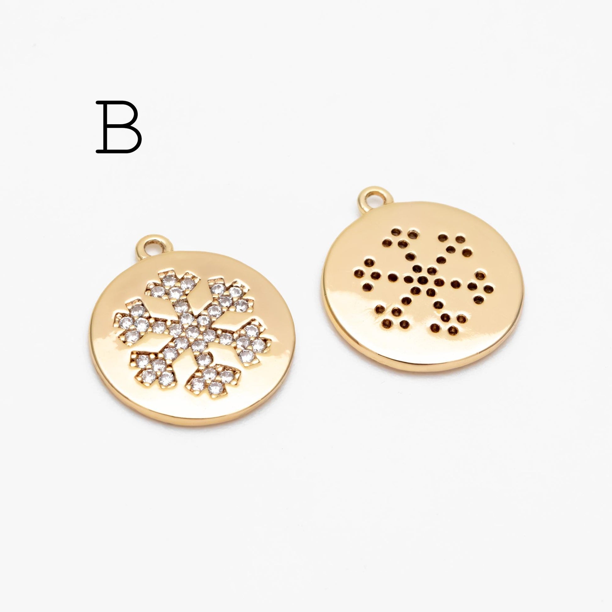 4pcs CZ Pave Snowflake Charms, Rhinestone Flower Connectors, Real Gold plated Brass Findings (GB-3486)