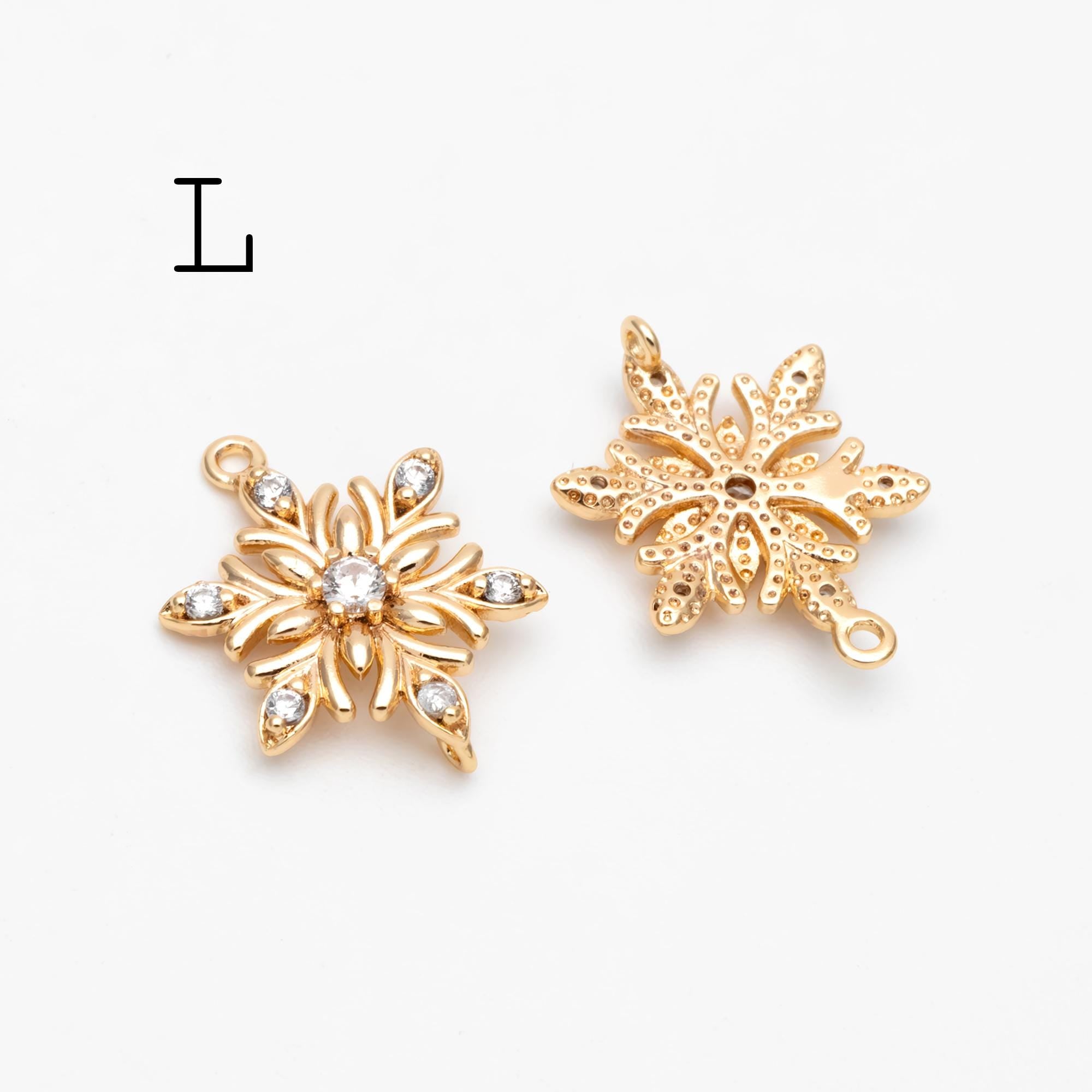 4pcs CZ Pave Snowflake Charms, Rhinestone Flower Connectors, Real Gold plated Brass Findings (GB-3486)