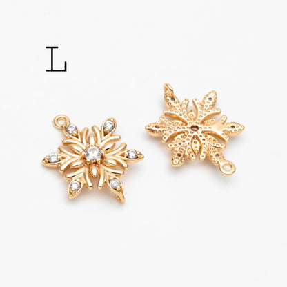 4pcs CZ Pave Snowflake Charms, Rhinestone Flower Connectors, Real Gold plated Brass Findings (GB-3486)