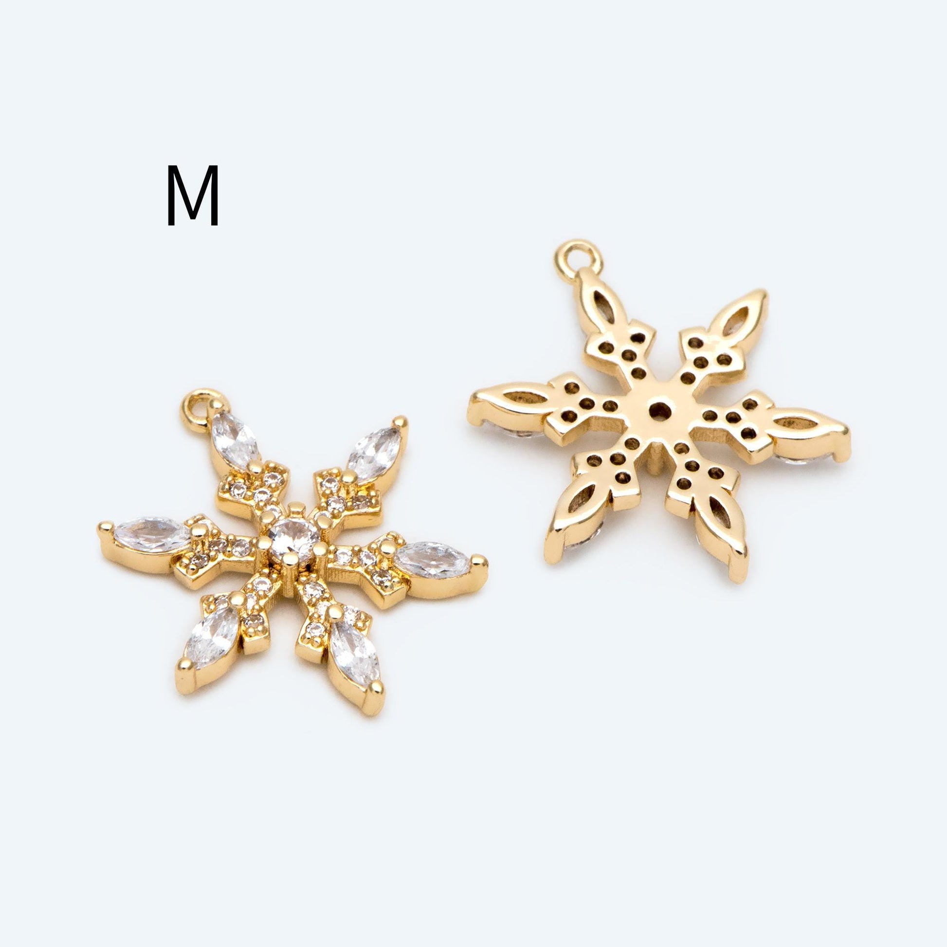 4pcs CZ Pave Snowflake Charms, Rhinestone Flower Connectors, Real Gold plated Brass Findings (GB-3486)