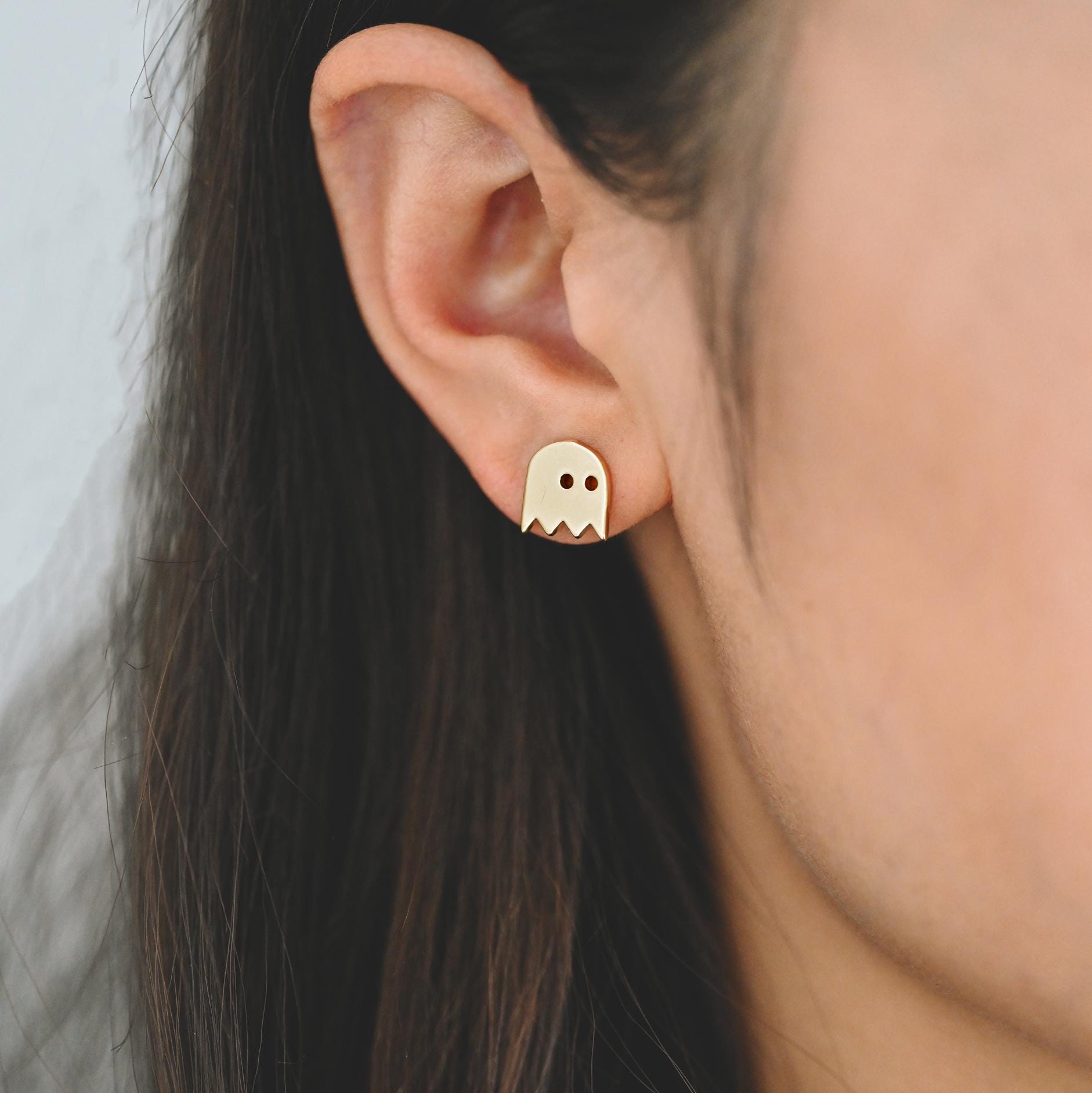10pcs Gold Halloween Earrings , Gold Plated Brass Ghost Stud Earrings (GB-3312)