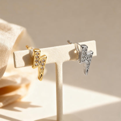 10pcs CZ pave Gold/ Silver Lightning Stud Earrings, Real Gold/ Rhodium Plated Brass, Minimalist Earrings (#GB-4690)