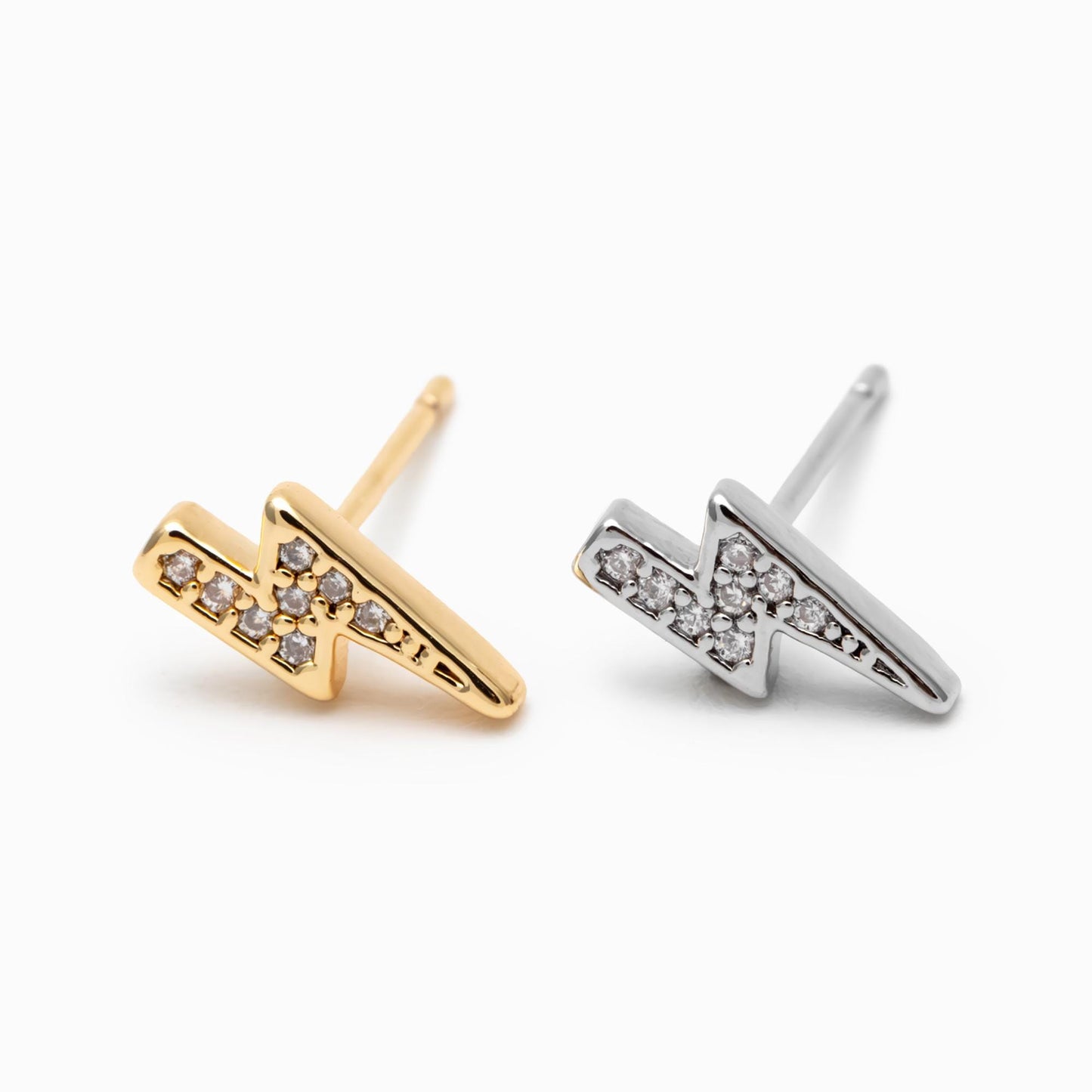 10pcs CZ pave Gold/ Silver Lightning Stud Earrings, Real Gold/ Rhodium Plated Brass, Minimalist Earrings (#GB-4690)