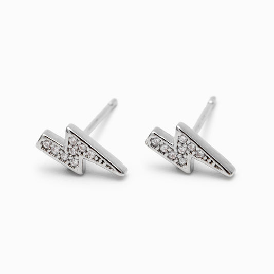 10pcs CZ pave Gold/ Silver Lightning Stud Earrings, Real Gold/ Rhodium Plated Brass, Minimalist Earrings (#GB-4690)