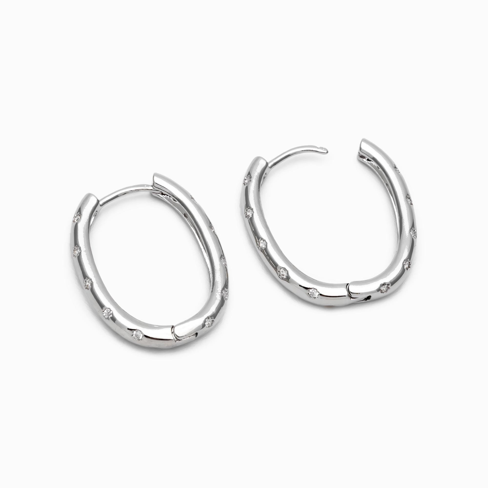 4pcs CZ Pave Gold/ Silver Oval Hoop Earrings, 18K Real Gold/ Rhodium plated Brass, Dainty Geometric Earring Hoops (GB-4692)