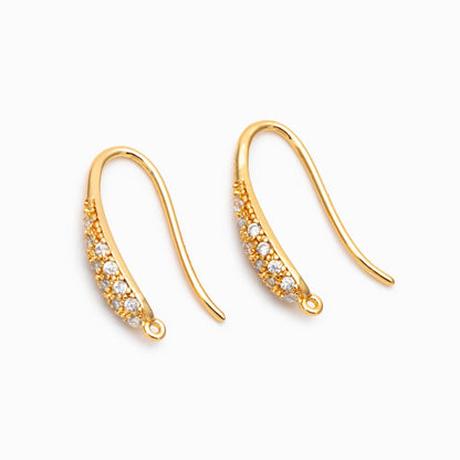 10pcs CZ Pave Gold Earring Hook with Loop, 19x9mm, 18K Gold plated Brass Earwires, Shiny Earring Components Wholesale (GB-1447)