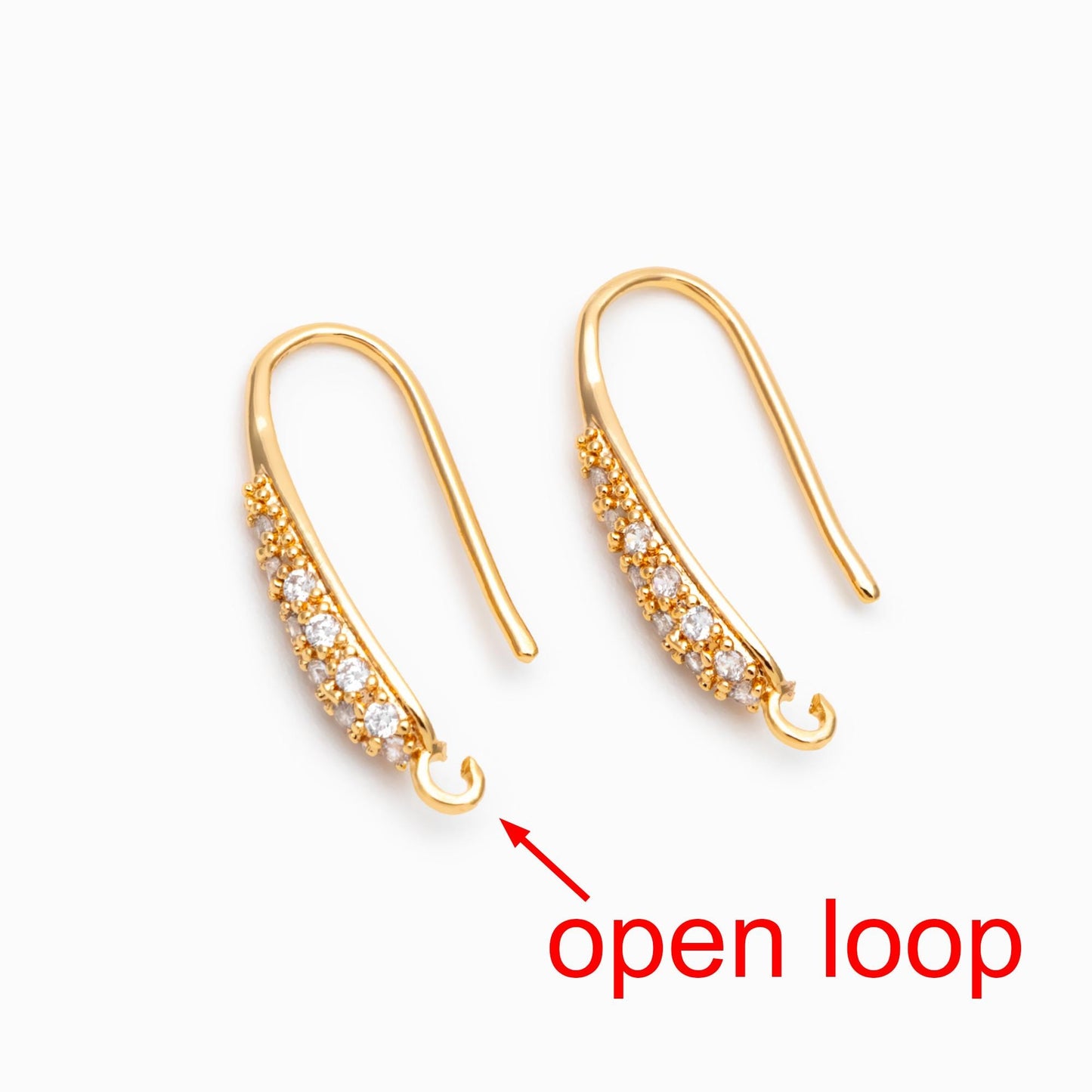 10pcs CZ Pave Gold Earring Hook with Loop, 19x9mm, 18K Gold plated Brass Earwires, Shiny Earring Components Wholesale (GB-1447)