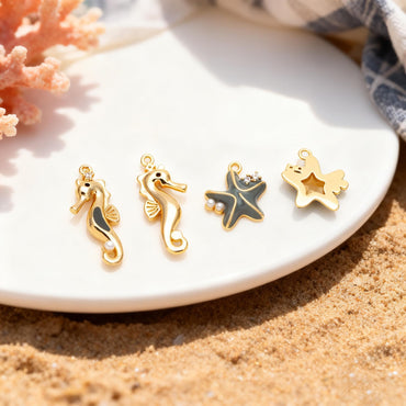 4pcs CZ Pave Enamel Seahorse and Starfish Charms, Gold plated Brass Marine Animal Charms (GB-4679)