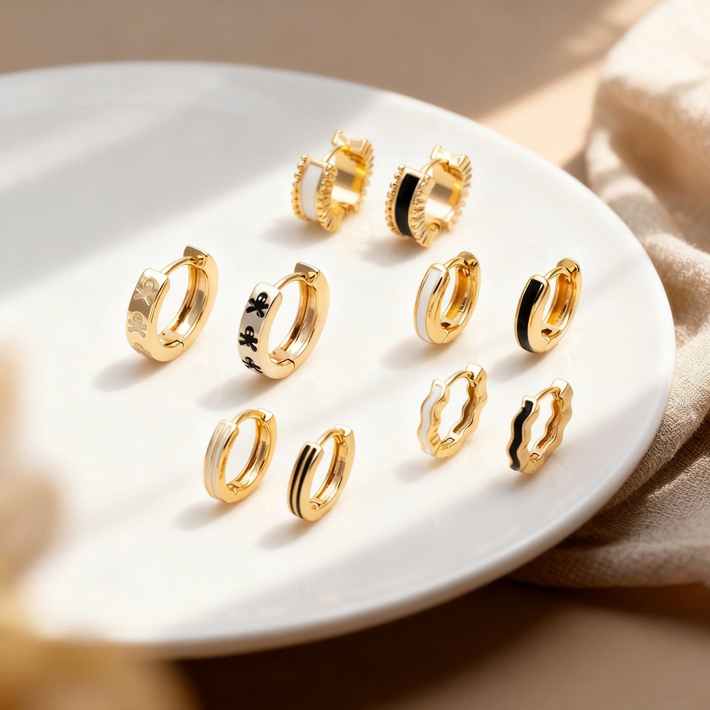 4pcs Enamel Hoop Earrings, 18K Gold plated Brass, Minimalist Circle Huggies (GB-3717)