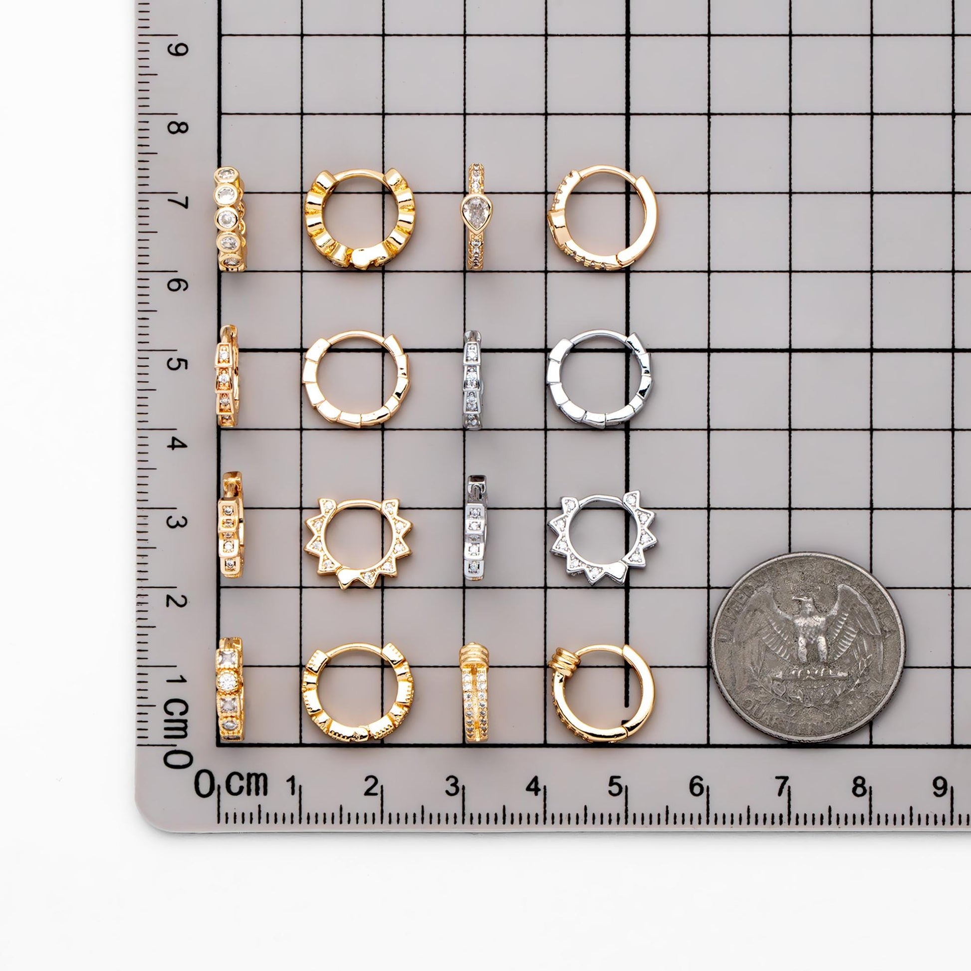 4pcs CZ Pave Gold/ Rhodium plated Hoop Earrings, Dainty Round Huggie Earrings, Minimalist Circle Earring (GB-3826)