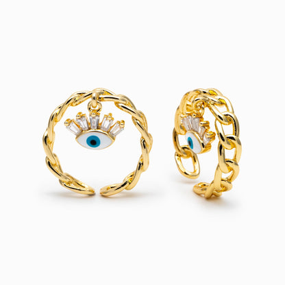 4pcs Gold/ Silver Chain Ring with Evil Eye Charm, Finger Ring, Adjustable Ring, Dainty Ring (#JZ-034)