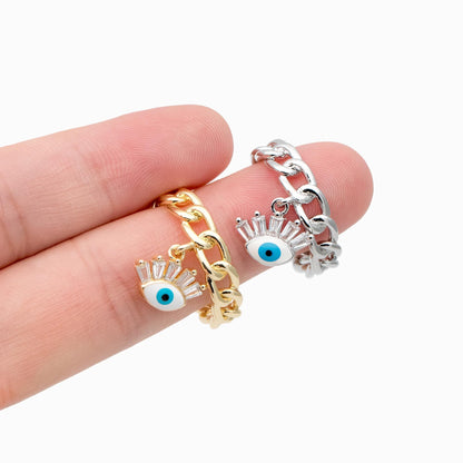 4pcs Gold/ Silver Chain Ring with Evil Eye Charm, Finger Ring, Adjustable Ring, Dainty Ring (#GB-4697)