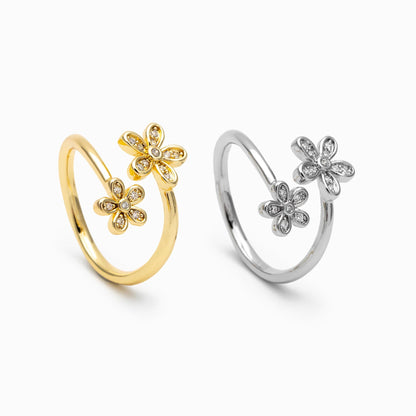 4pcs Gold/ Silver Tone CZ Pave Double Flower Ring, Adjustable Ring, Everyday Ring, Dainty Rings (#GB-4698)