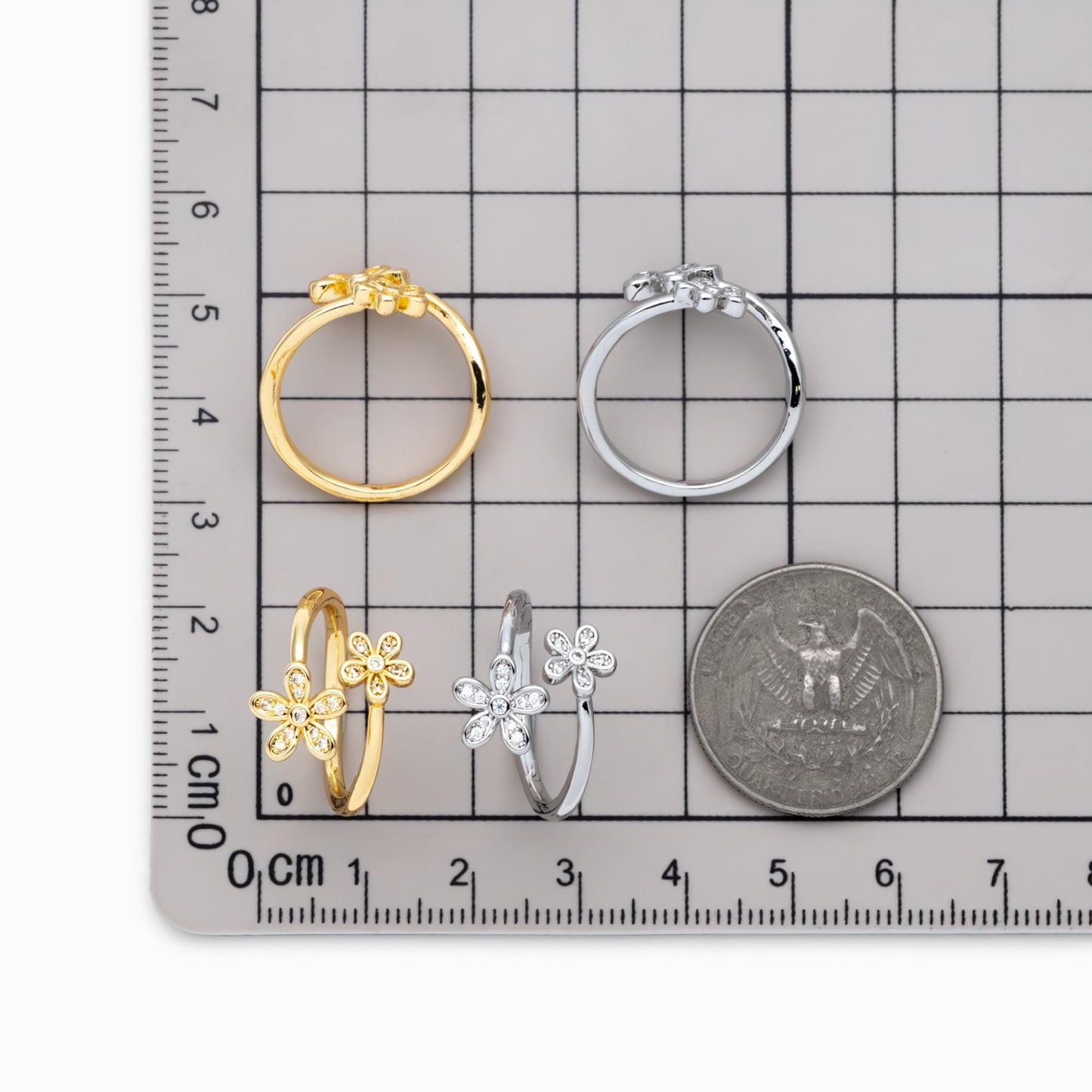 4pcs Gold/ Silver Tone CZ Pave Double Flower Ring, Adjustable Ring, Everyday Ring, Dainty Rings (#GB-4698)