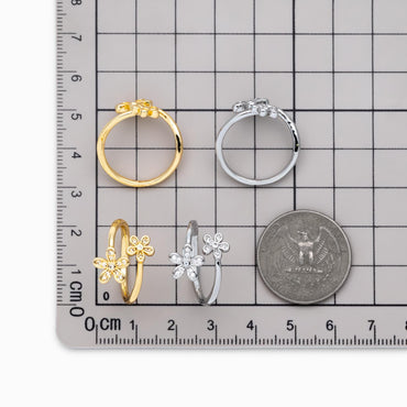 4pcs Gold/ Silver Tone CZ Pave Double Flower Ring, Adjustable Ring, Everyday Ring, Dainty Rings (#GB-4698)