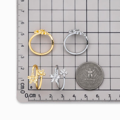 4pcs Gold/ Silver Tone CZ Pave Double Flower Ring, Adjustable Ring, Everyday Ring, Dainty Rings (#GB-4698)