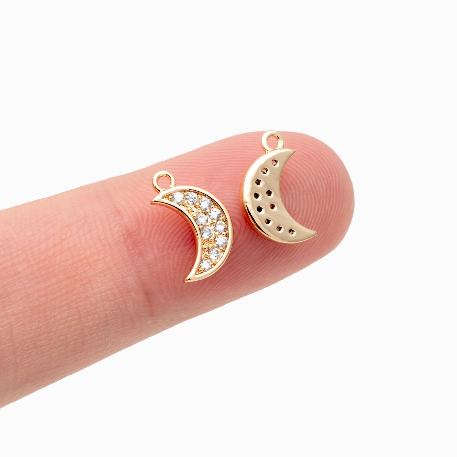10pcs CZ pave Gold Moon Charms 15mm, 18K Gold plated Brass Moon Pendants (GB-618-C)