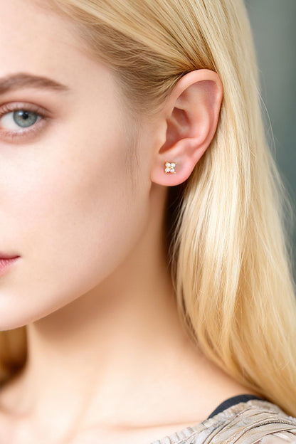 10pcs Faux Pearl Pave Gold/ Silver Tone Flower Earrings, Gold/ Rhodium Plated Brass Tiny Stud Earring (#GB-4593)