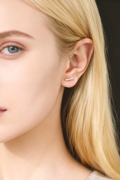 10pcs Faux Pearl Pave Gold Bar Earrings, Gold Plated Brass Tiny Pearl Stud Earring (#GB-4594)