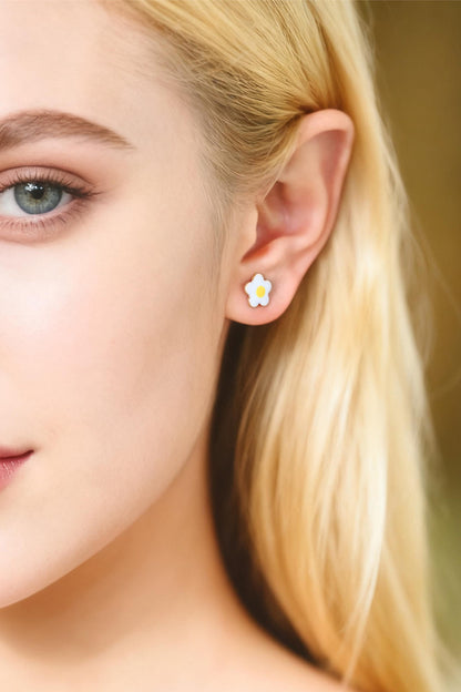 10pcs Gold Enamel Egg Flower Earrings, Gold Plated Brass, Floral Stud Earrings (GB-4608)