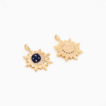 May include: Two gold sun and moon pendants. One pendant features a dark blue enamel crescent moon with small, clear cubic zirconia stars. The other pendant is plain gold. Both pendants have a starburst design. Celestial jewelry charms.