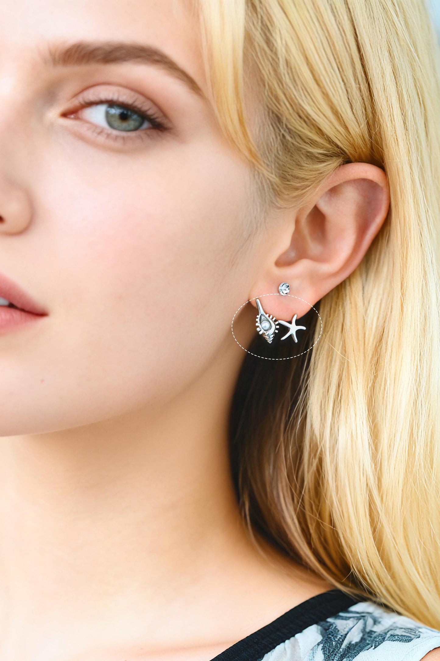 4pcs Gold/ Silver Tone Conch & Starfish Ear Charm with Faux Pearl (GB-4684)