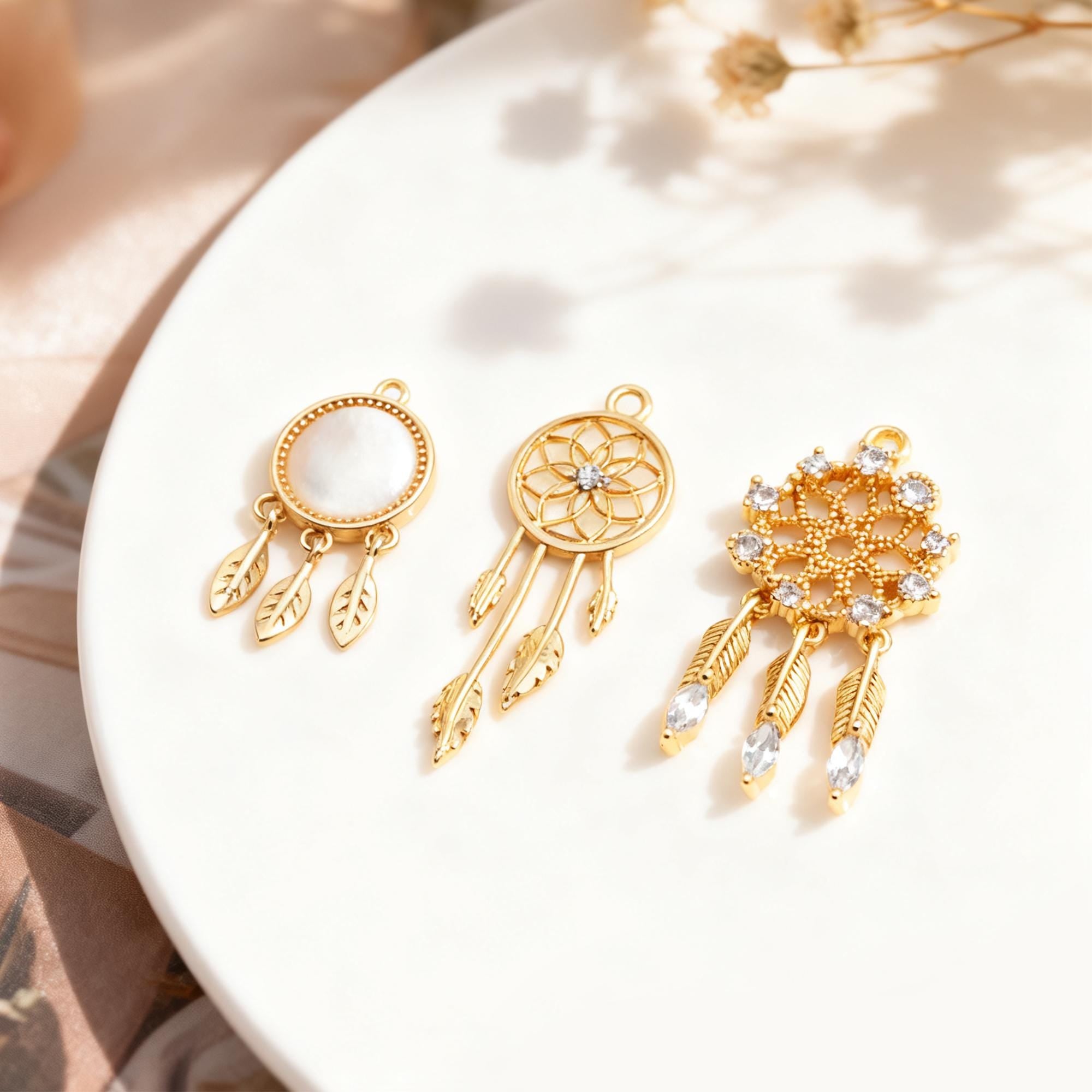 4pcs Gold Dreamcatcher Charms, 18K Gold plated Brass, Dainty Earring Charms (GB-4639)