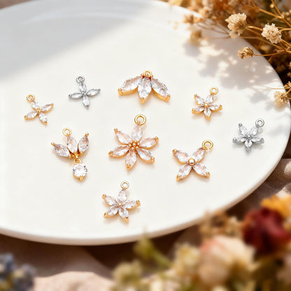 4pcs Gold/ Silver CZ Flower Charms , Real Gold/ Rhodium plated Brass, Cubic Zirconia Flower Pendants (GB-584)