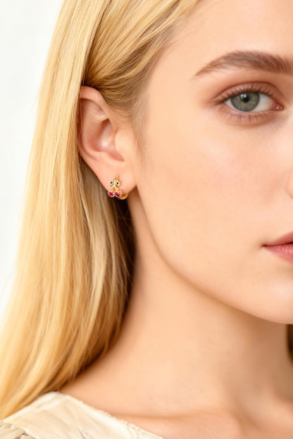 4pcs CZ Pave Cherry Hoop Earrings, 12mm, Dainty Huggie Earrings, Minimalist Earring, Small Gold Hoops Earring (GB-3528)