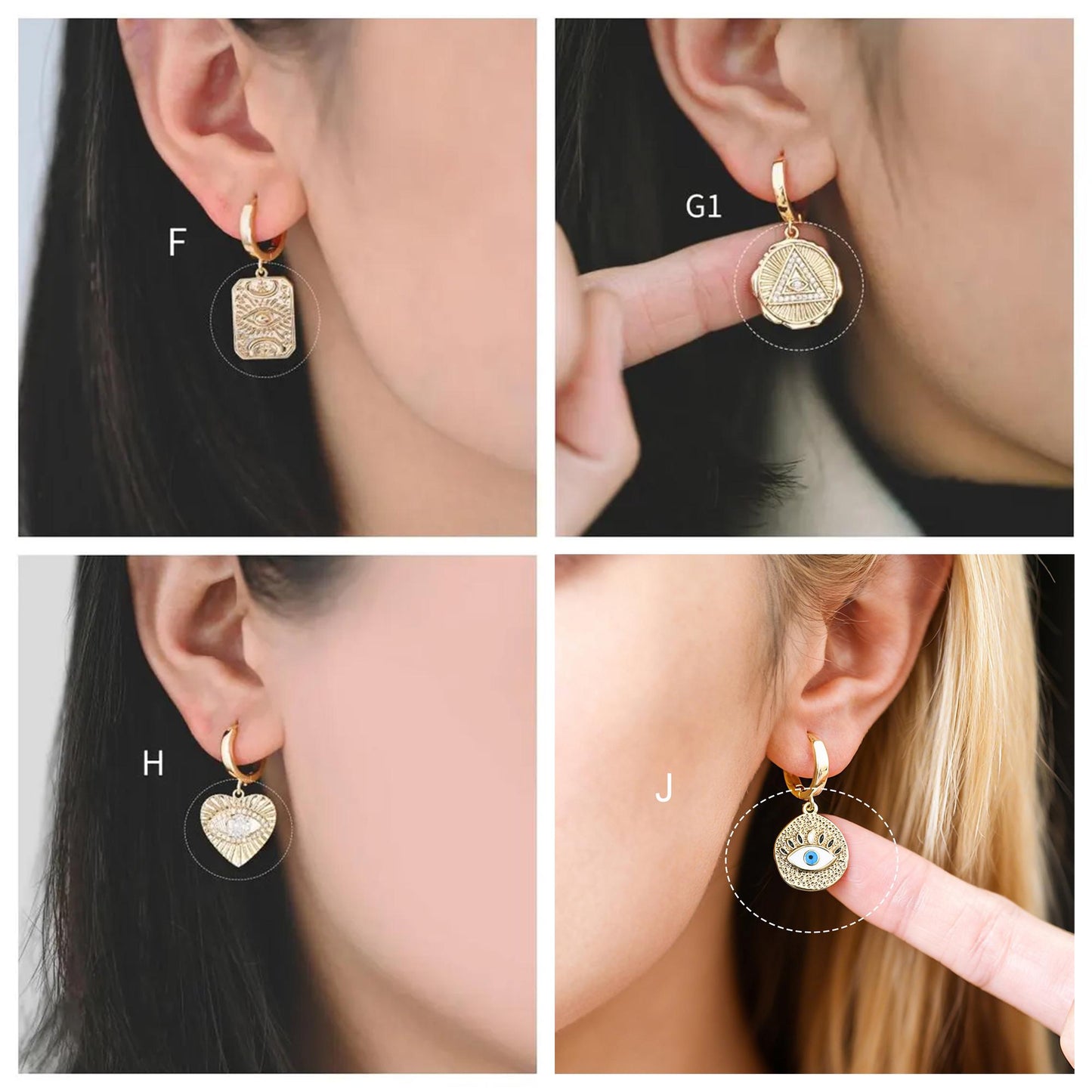 4pcs Gold/ Silver Tone Evil Eye Charms, 18K Gold/ Rhodium plated Brass, Dainty Earring Charms (GB-4085)