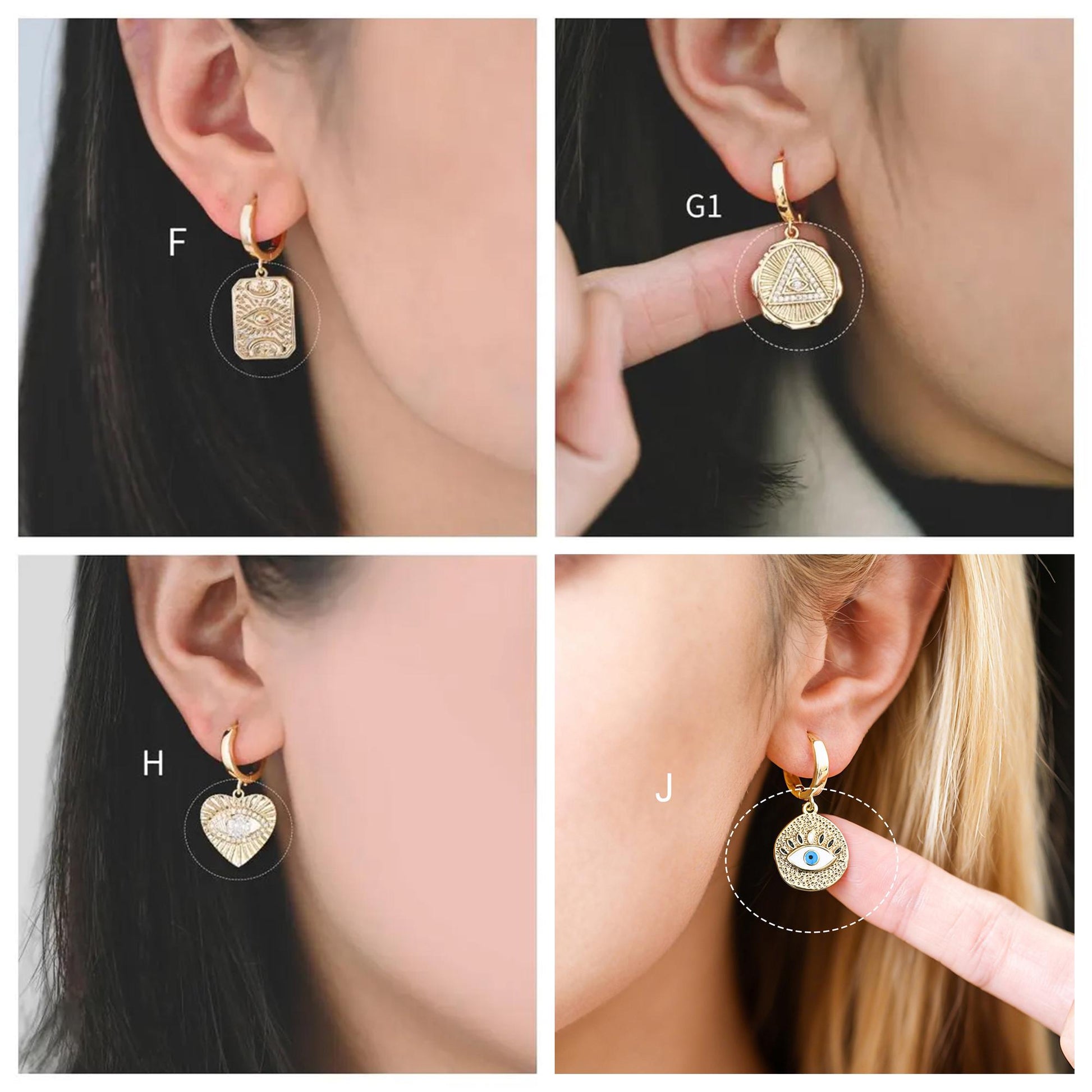 4pcs Gold/ Silver Tone Evil Eye Charms, 18K Gold/ Rhodium plated Brass, Dainty Earring Charms (GB-4085)