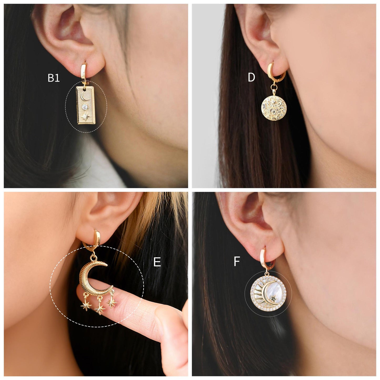 4pcs Gold/ Silver Tone Moon and Star Charm, 18K Gold/ Rhodium plated Brass, Celestial Charm Pendants (GB-2394)