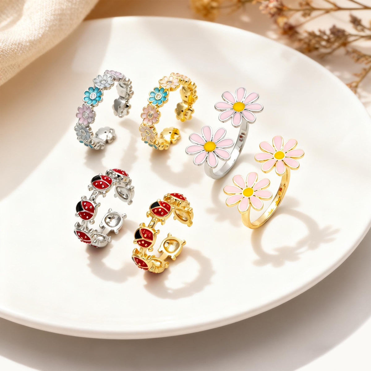 4pcs Gold/ Silver Tone Enamel Ring, Ladybug Ring, Daisy Ring, Everyday Ring, Dainty Rings, Adjustable Ring (#JZ-033)