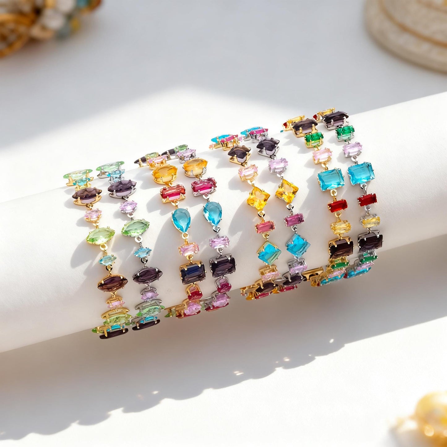 Rainbow Rhinestone Bracelet, Crystal Beaded Tennis Bracelets, Gold/ Rhodium plated Adjustable Bracelet (GB-4696)