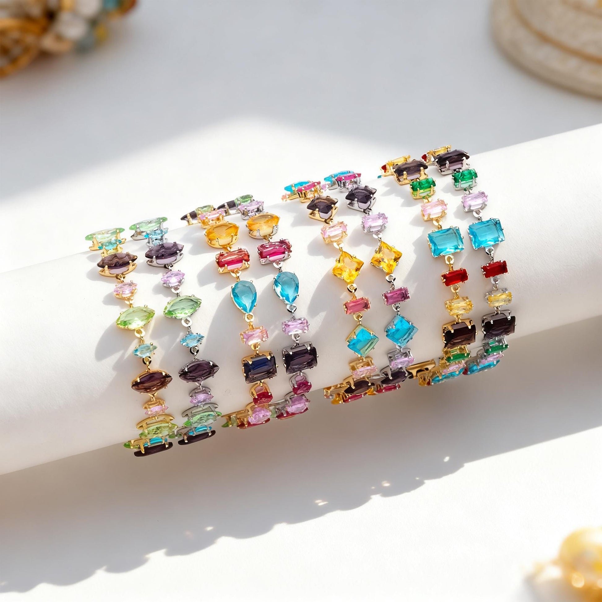 Rainbow Rhinestone Bracelet, Crystal Beaded Tennis Bracelets, Gold/ Rhodium plated Adjustable Bracelet (GB-4696)