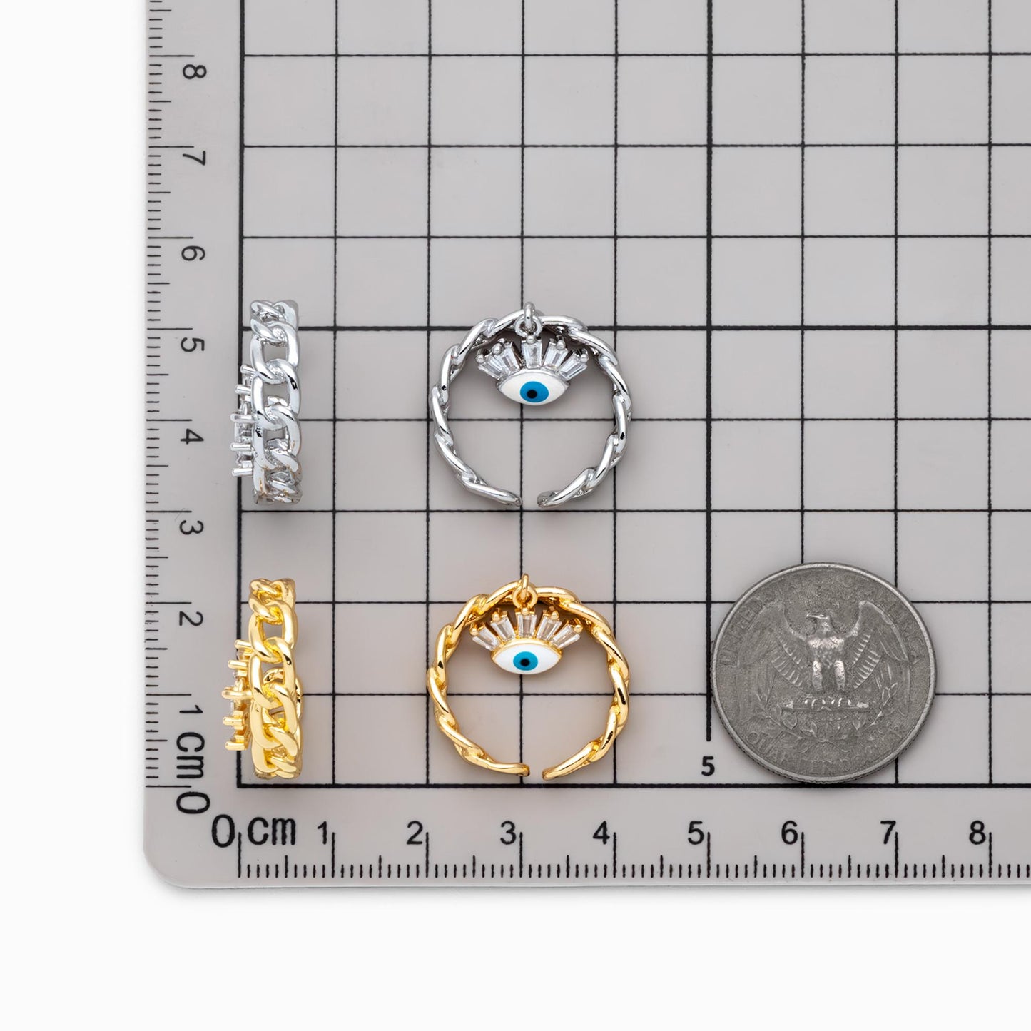 4pcs Gold/ Silver Chain Ring with Evil Eye Charm, Finger Ring, Adjustable Ring, Dainty Ring (#GB-4697)