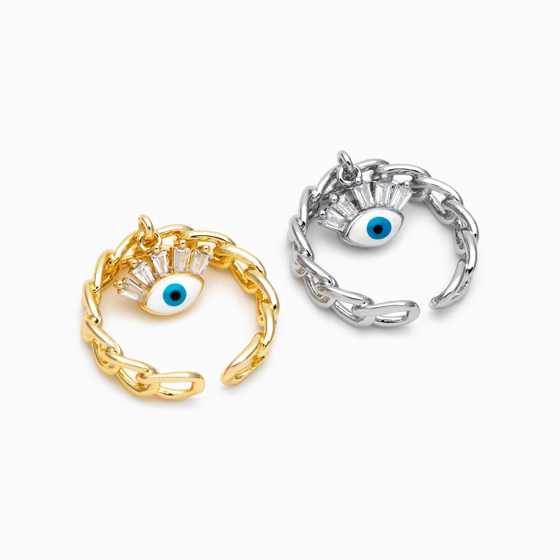 4pcs Gold/ Silver Chain Ring with Evil Eye Charm, Finger Ring, Adjustable Ring, Dainty Ring (#GB-4697)