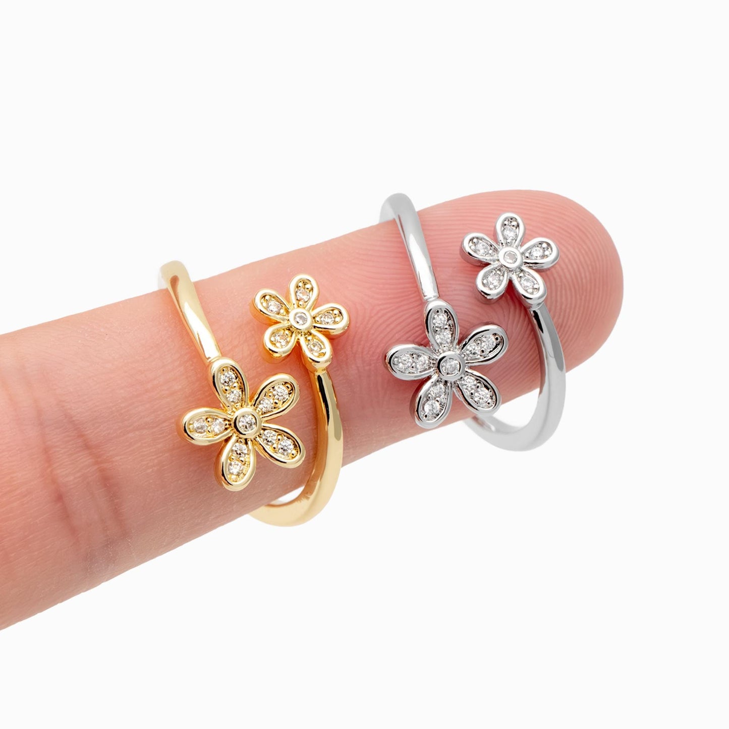 4pcs Gold/ Silver Tone CZ Pave Double Flower Ring, Adjustable Ring, Everyday Ring, Dainty Rings (#GB-4698)
